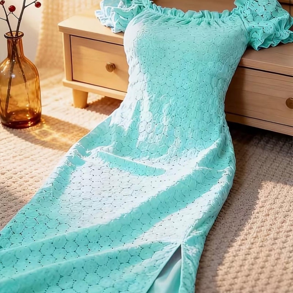 Temu Teal Lace Off Shoulder Maxi Dress Short Sleeve Side Slit Large